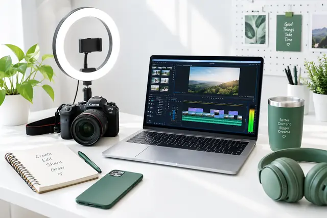 Content production desk with camera, ring light and video editing timeline